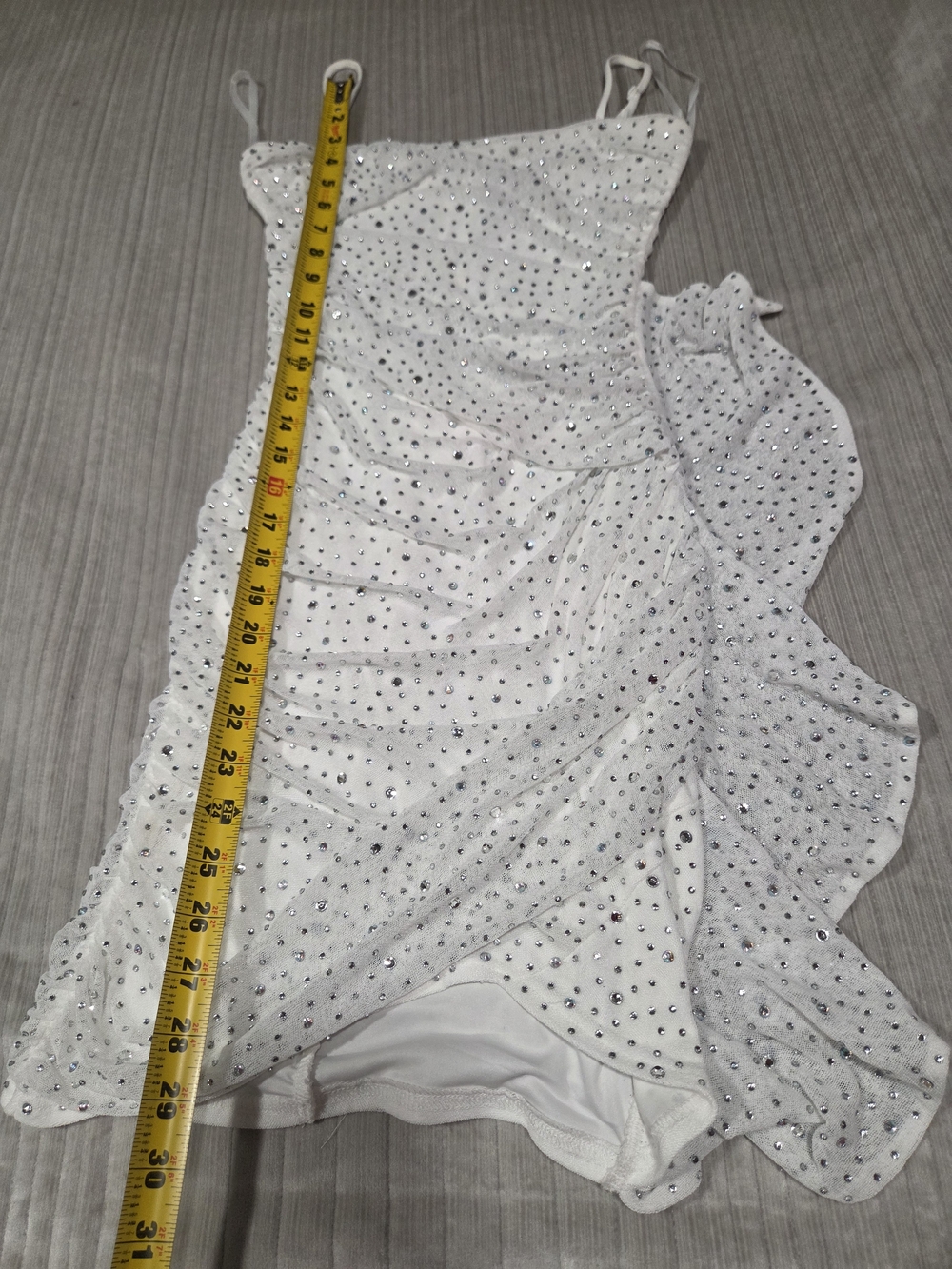 Women's White Rhinestone Ruched Mini Dress - Picture 5 of 8